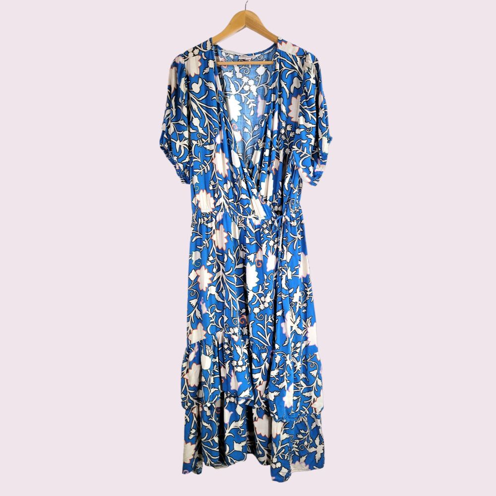 KNOX ROSE Blue Floral Wrap Maxi Dress Size 2X Tiered Ruffle Skirt Layers V Neck - Picture 10 of 10